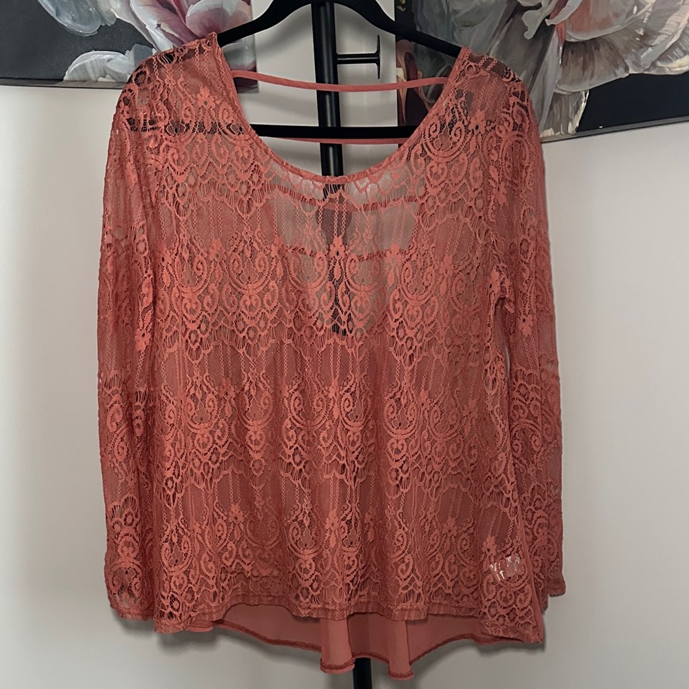 ASTR Coral Lace Long-Sleeve Blouse